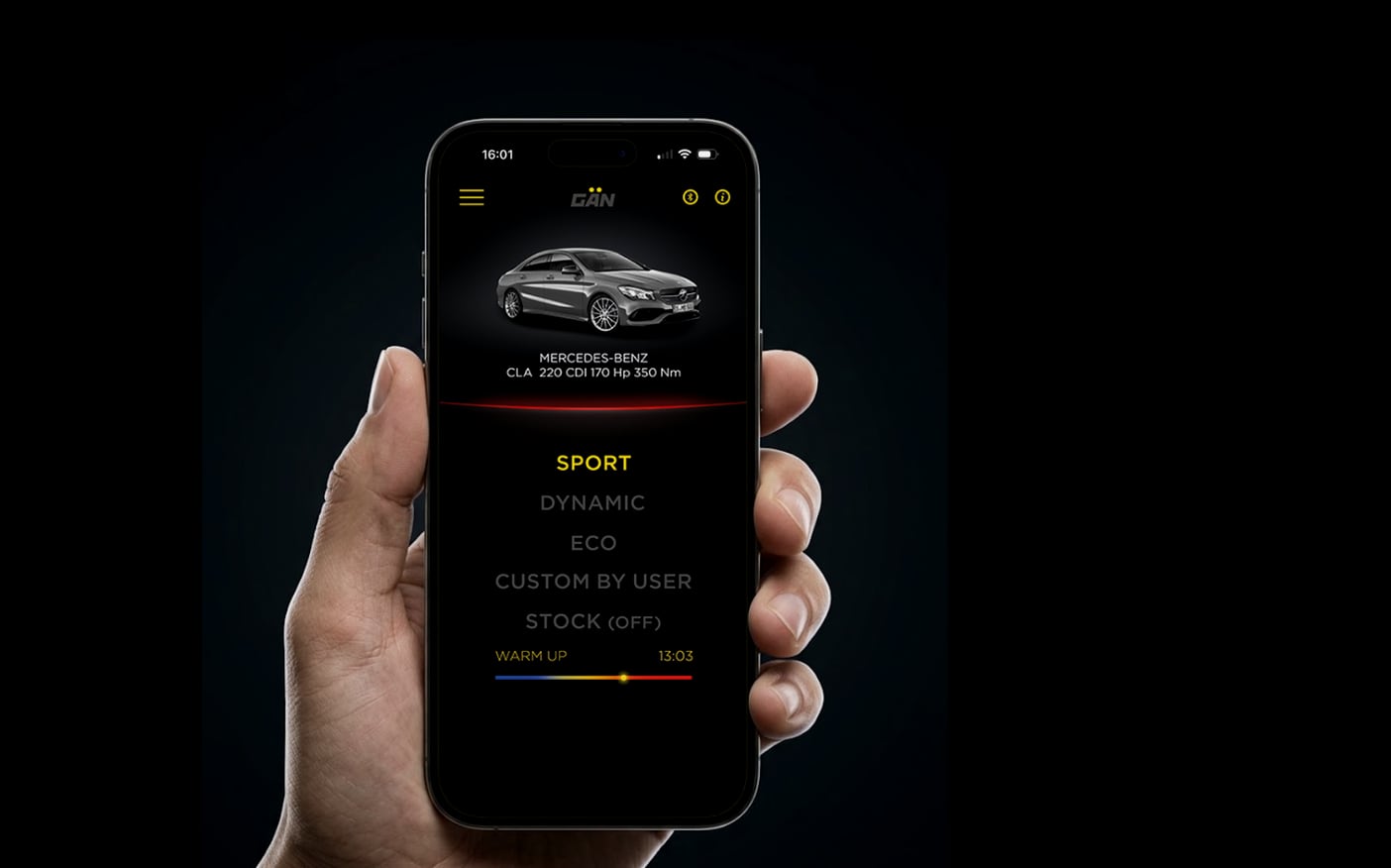 App GAN sullo smartphone: modalità SPORT, DYNAMIC, ECO, CUSTOM BY USER e STOCK
