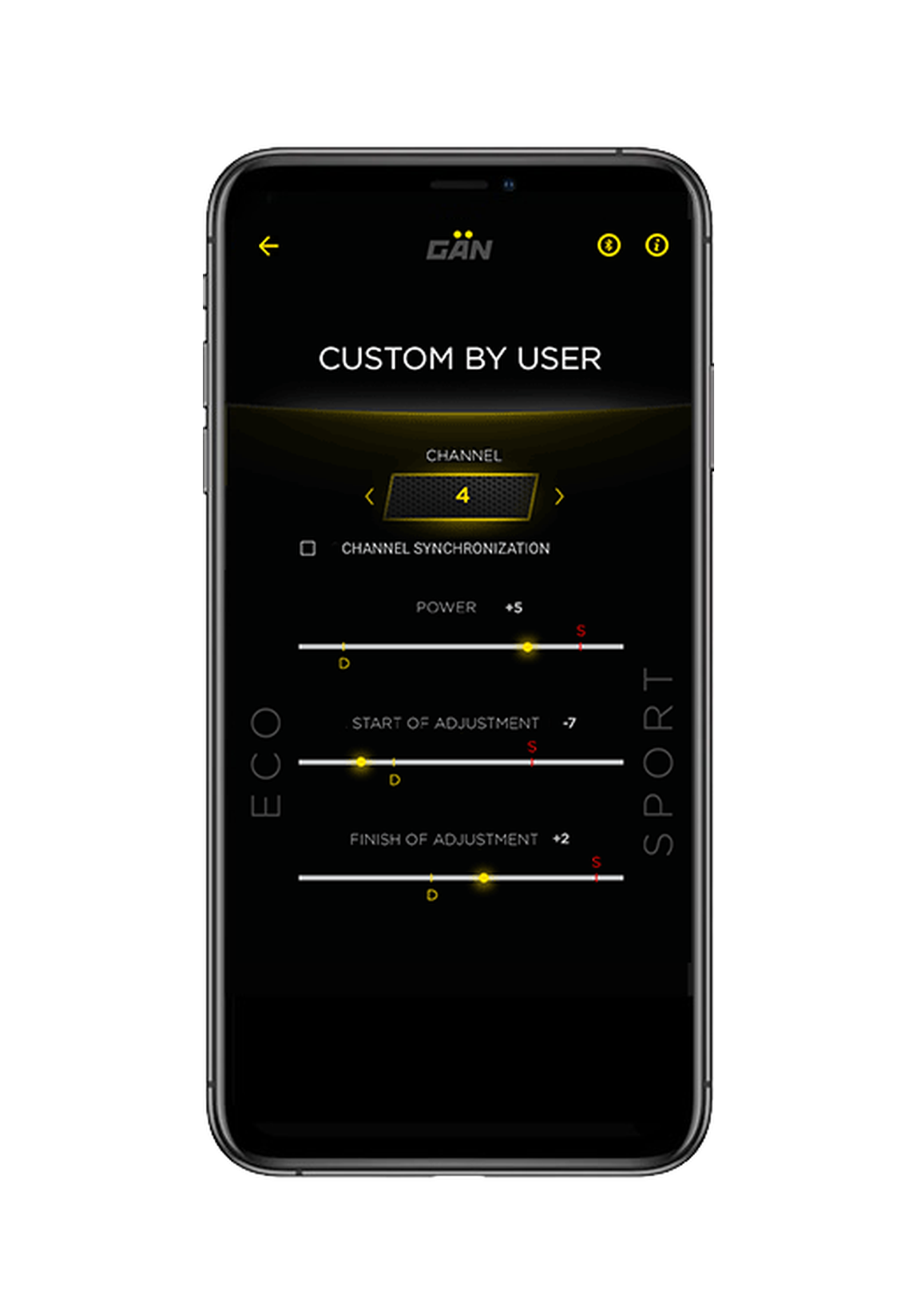 App GAN: impostazioni avanzate CUSTOM BY USER – potenza, inizio e fine della correzione