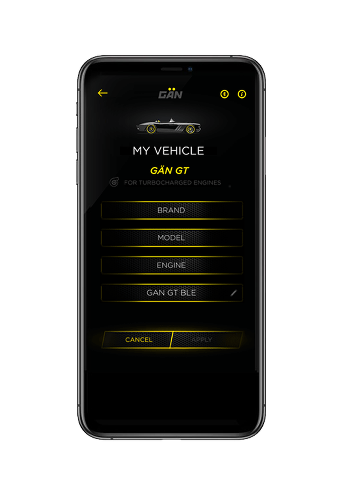 App GAN: schermata «La mia auto» – marca, modello, motore