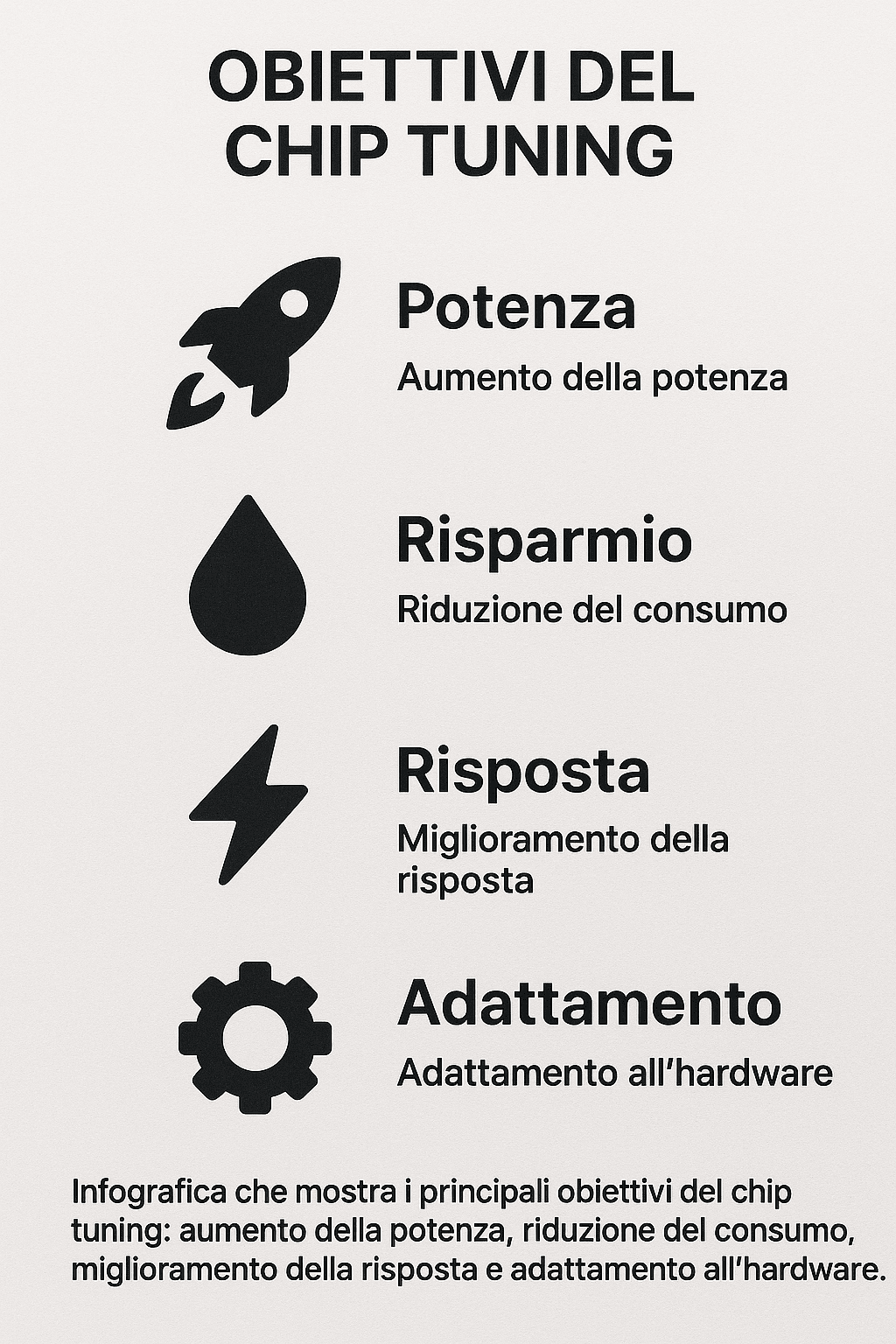 Infografica che mostra i principali obiettivi del chip tuning: aumento della potenza, riduzione del consumo, miglioramento della risposta e adattamento all'hardware