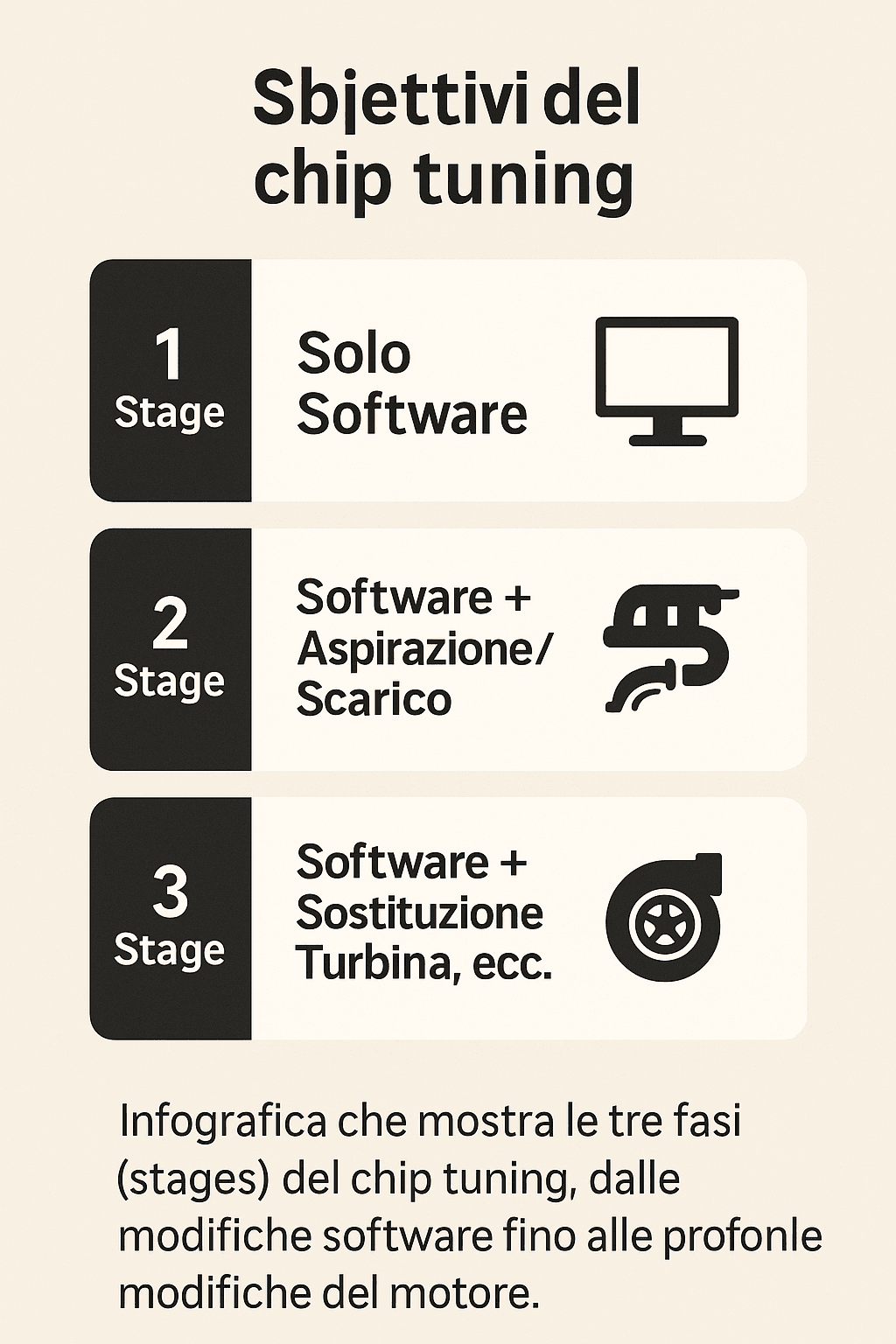 Infografica che mostra le tre fasi (stages) del chip tuning, dalle modifiche software fino alle profonde modifiche del motore